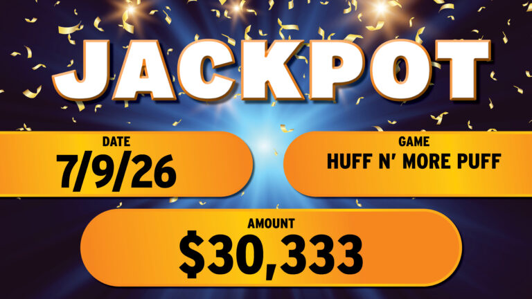 The jackpot board on the casino floor at The Skagit, July 9 – 15, 2026. The board shows the game name and the amount won.