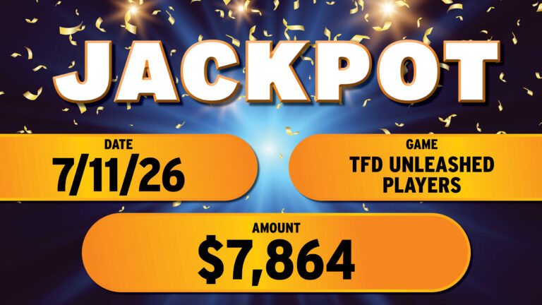 The jackpot board on the casino floor at The Skagit, July 9 – 15, 2026. The board shows the game name and the amount won.