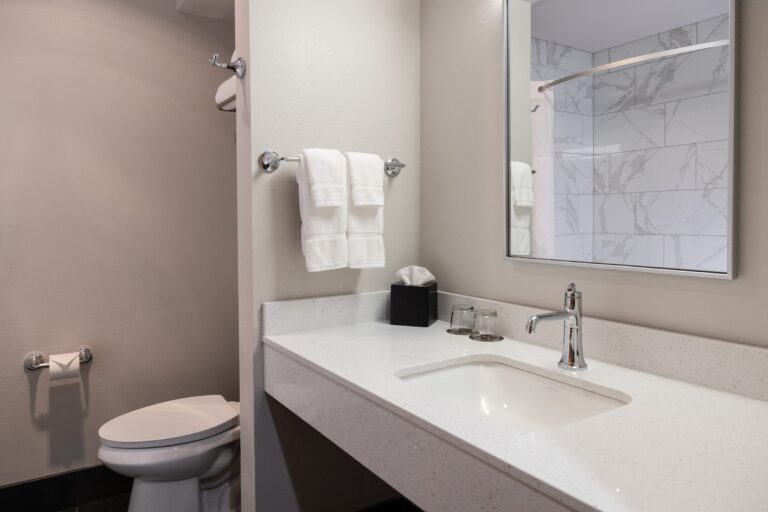 The bathroom of a Double Queen room with a wide vanity, framed mirror and glass-screened shower