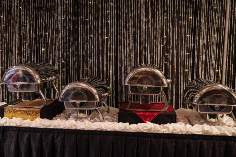 Chafing dishes laid out for a catered event